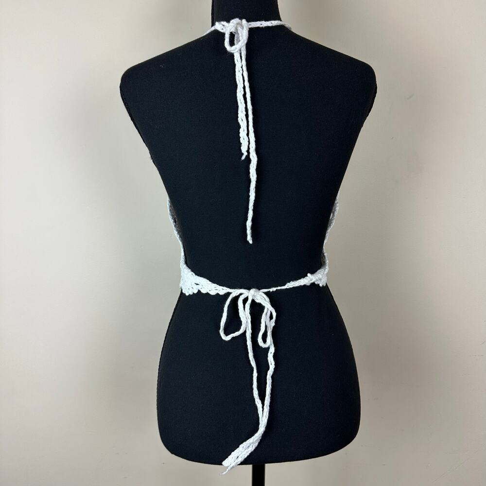 Womens White Crochet Knit Halter Top Boho Tie Back Festival Beach Knit Bralette - Picture 4 of 7